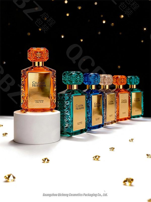 Colorful "Celestial Heirloom" perfume bottles with ornate caps, on white with gold accents. - Kartun