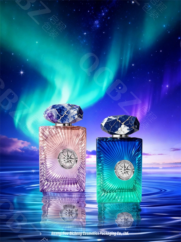 Two perfume bottles with unique caps, against a vibrant aurora borealis sky. - Kartun