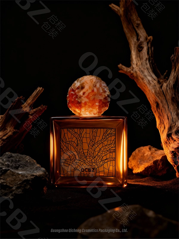 Perfume bottle with a unique tree-patterned label and a textured, spherical cap. - Kartun