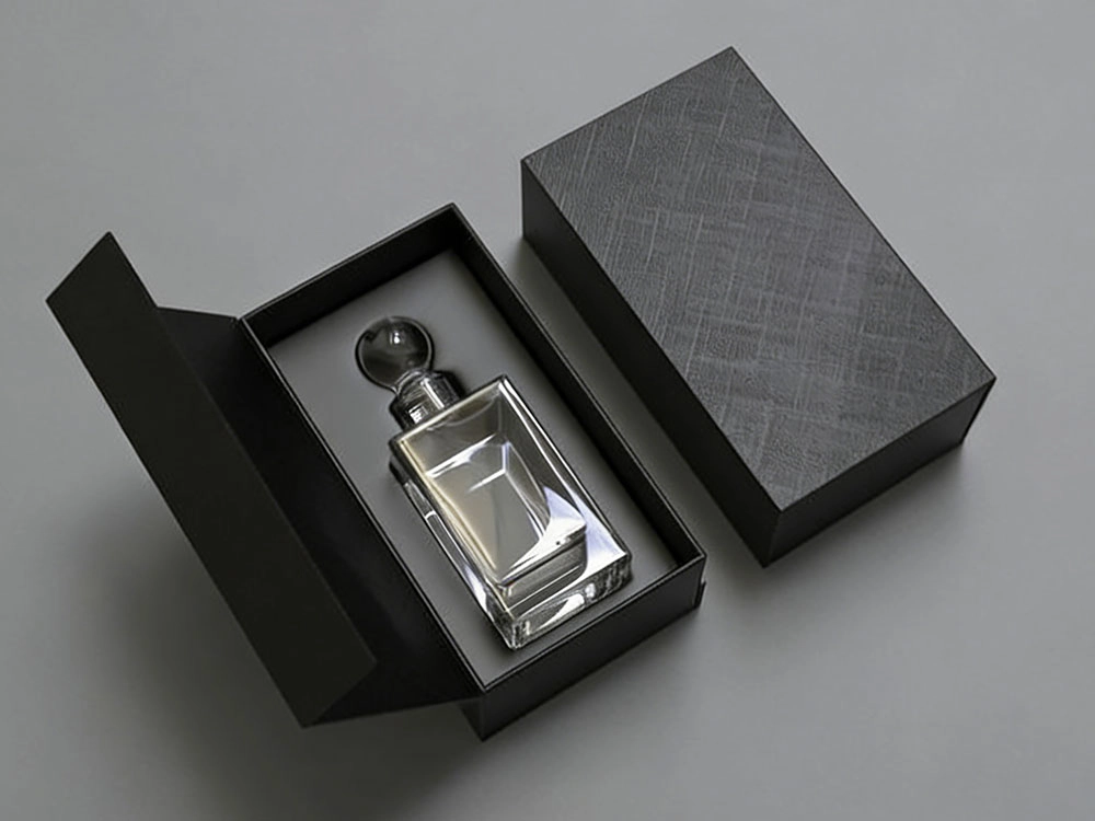 Clear glass perfume bottle with a round stopper in an open black box, with a closed box beside it. - Kartun