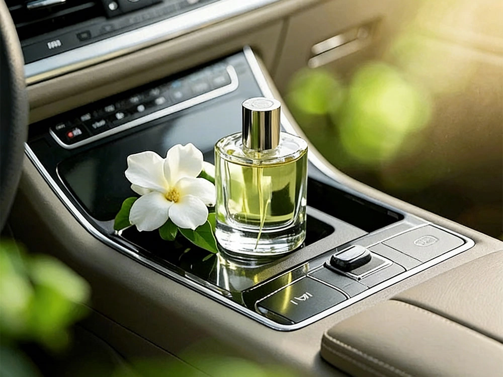 Perfume bottle and white flower on car console. - Kartun
