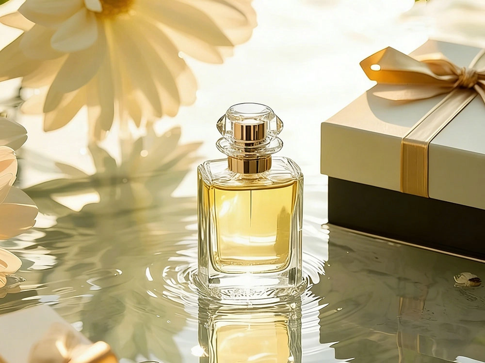 Perfume bottle in water with flowers and a gift box. - Kartun