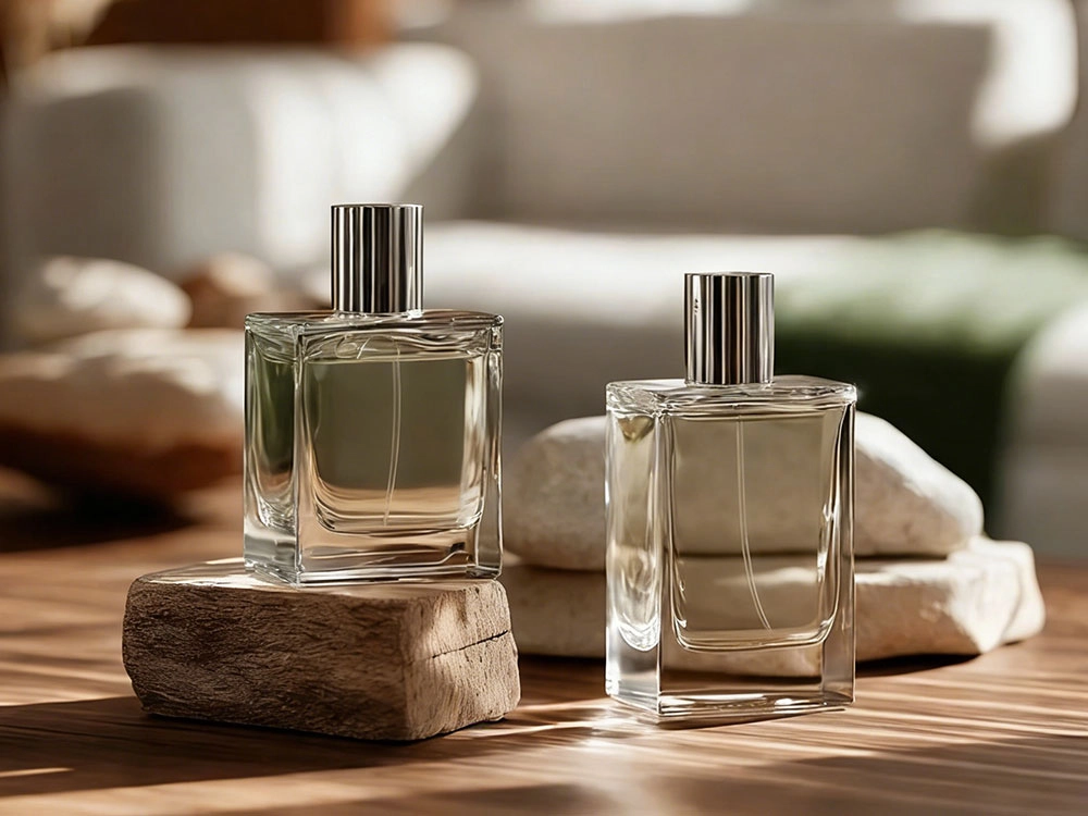 Two elegant perfume bottles, one on wood, one on stones, with a soft background. - Kartun