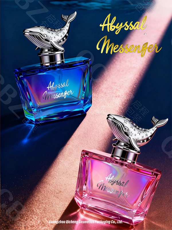 Two "Abyssal Messenger" perfumes, one blue and one pink, with whale-shaped caps. - Kartun