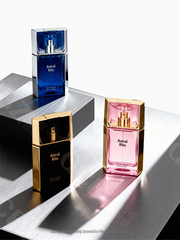 Three "Astral Rite" perfume bottles in blue, black, and pink on a metallic surface. - Kartun