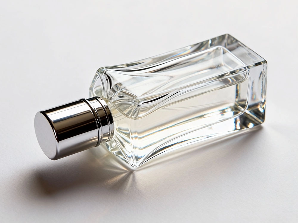 Clear glass perfume bottle with a silver cap, lying on its side. - Kartun