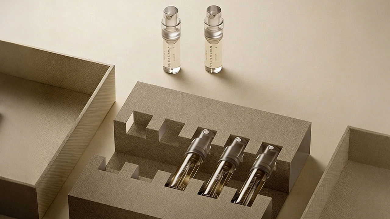 Perfume samples in a textured box, with two standing vials and three nestled in foam. - Kartun