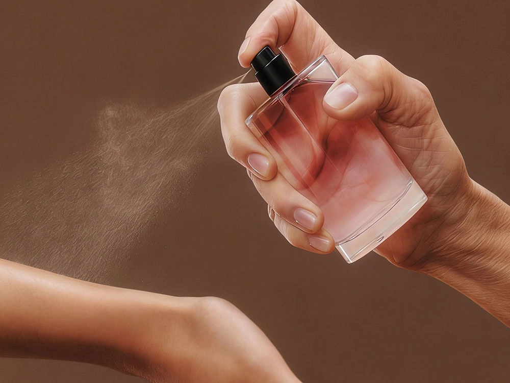 Hand spraying perfume from a pink bottle onto an arm. - Kartun