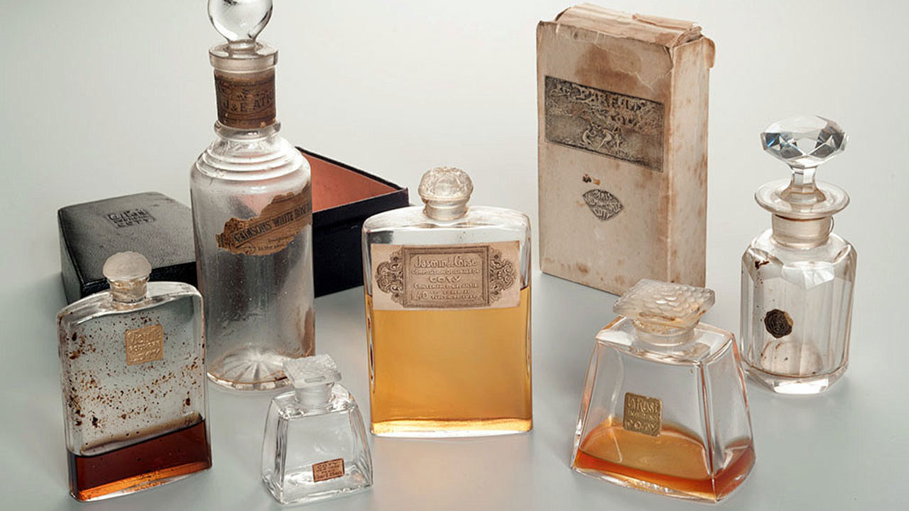 Vintage perfume bottles and packaging.