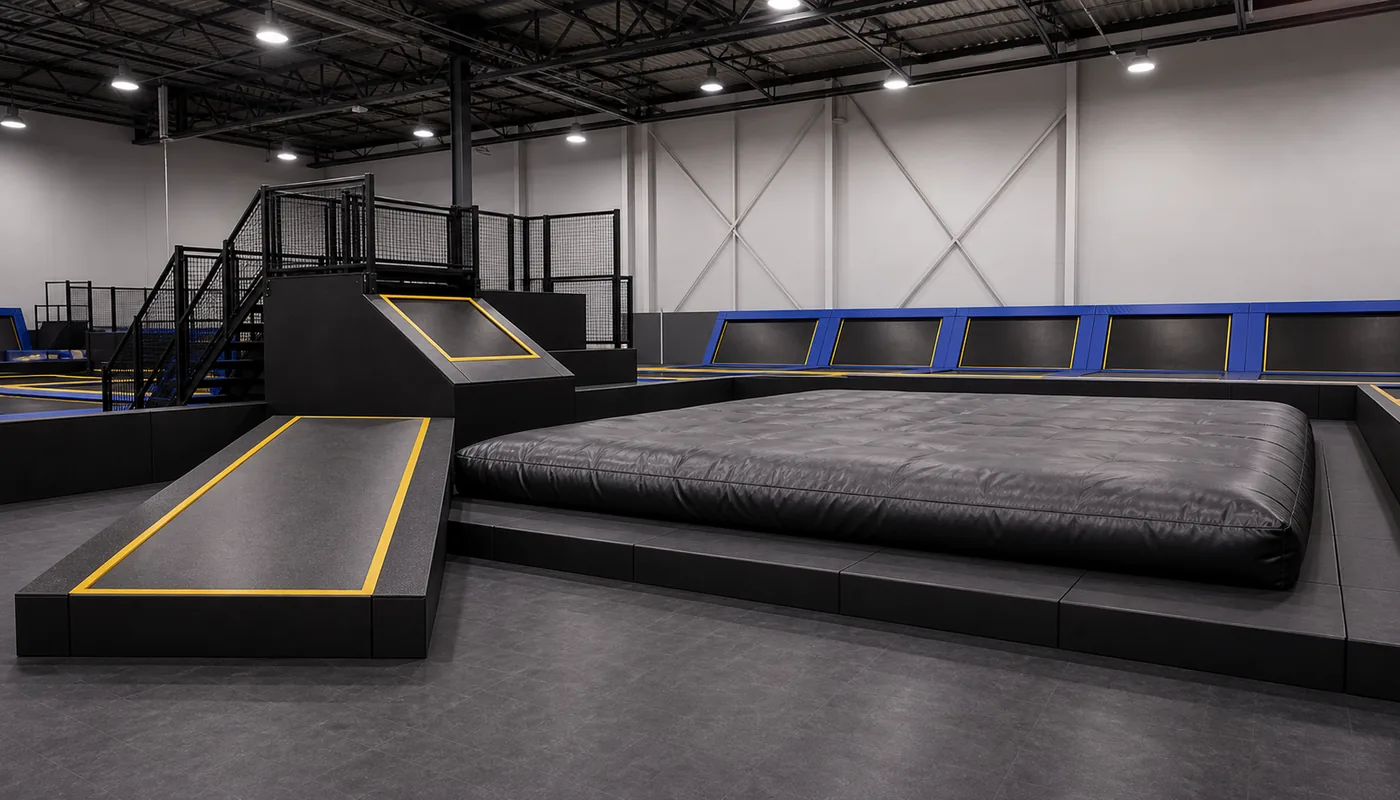 Concept image of an airbag jump landing zone in an indoor trampoline park.