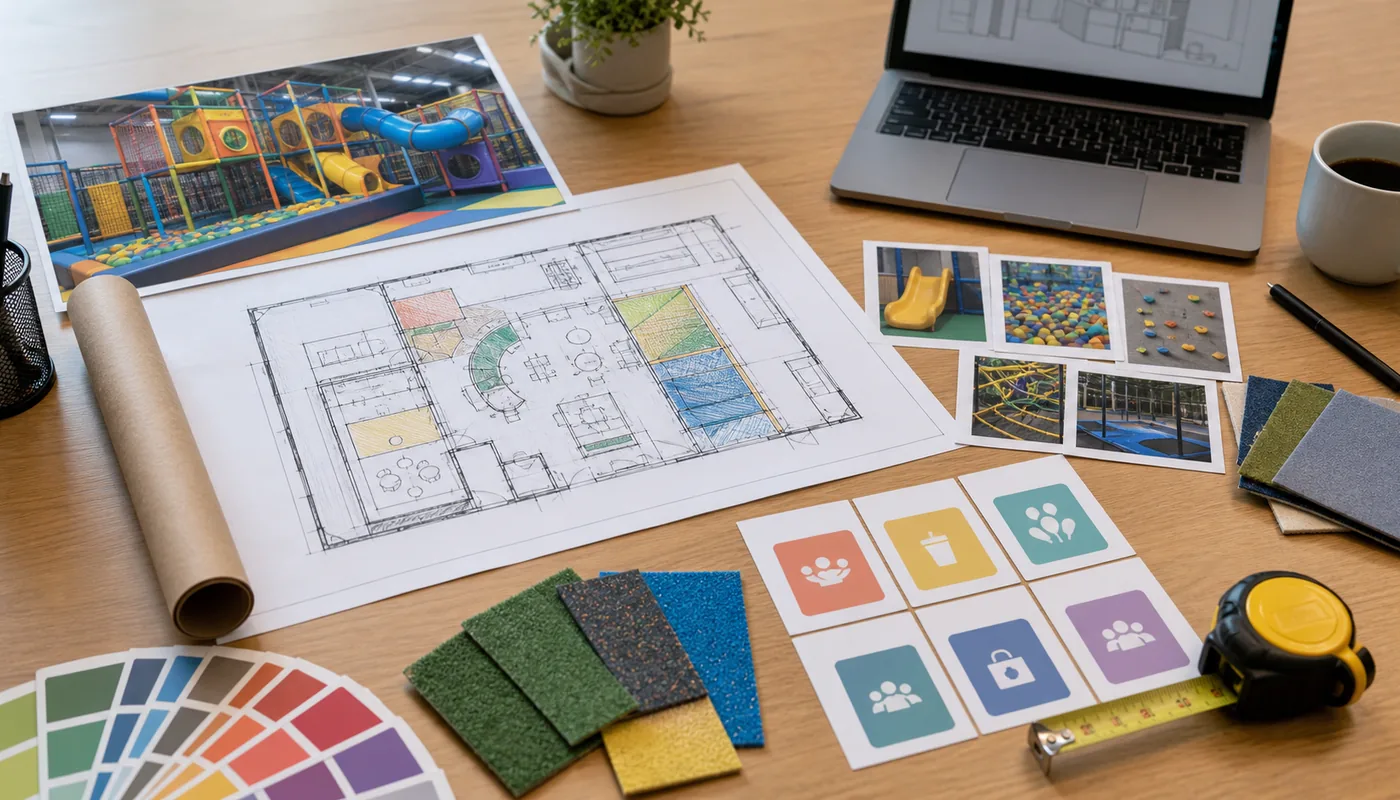 Indoor playground business model planning table with concept brief, layout sketch, revenue categories, and site notes.