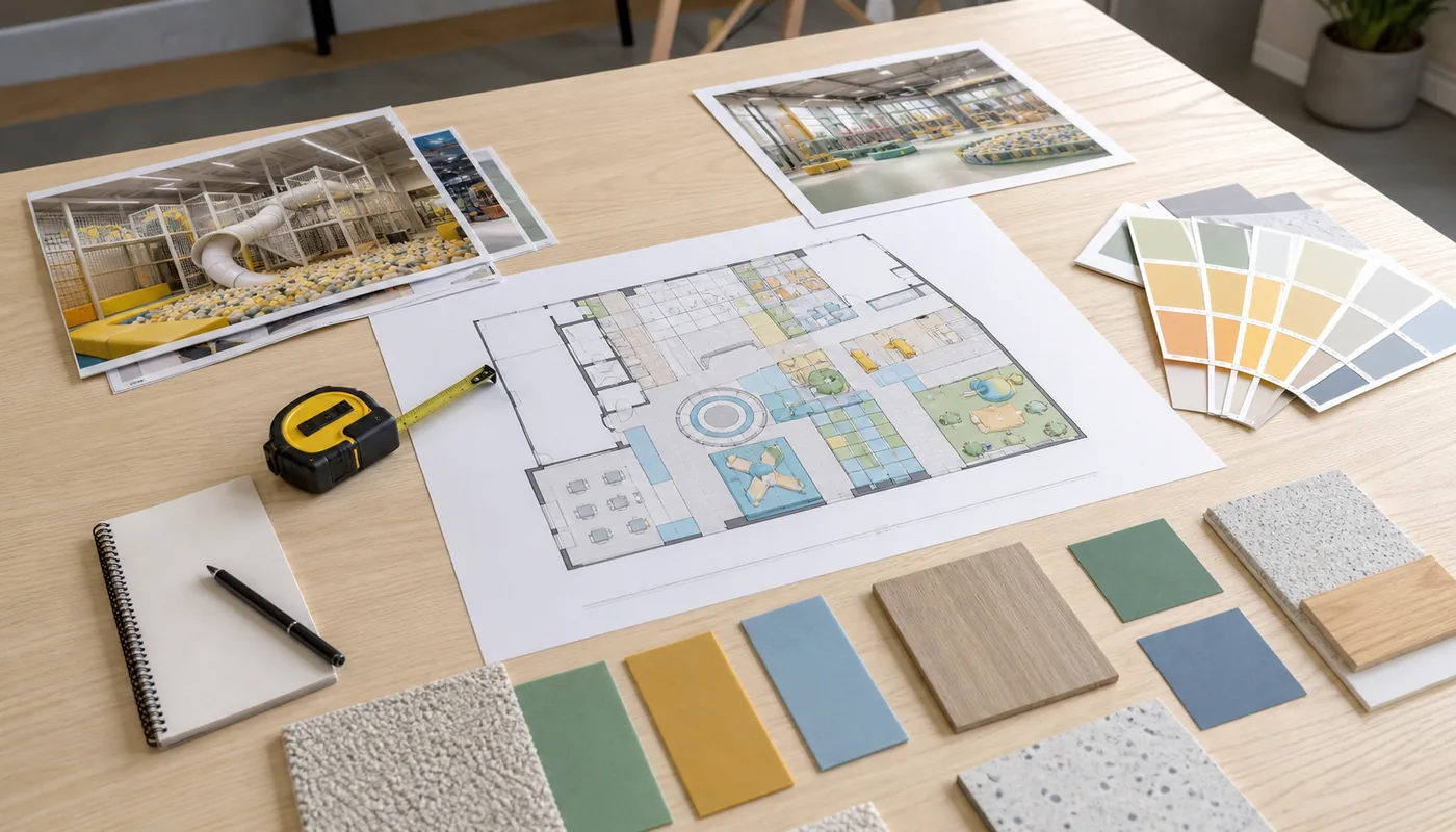 Indoor playground floor plan, venue photos, material samples, and project notes prepared before design