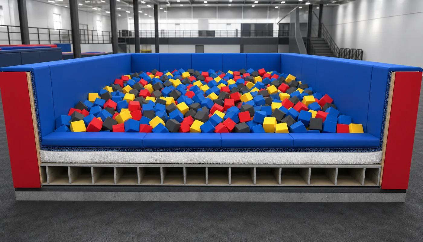 Cross-section showing loose foam pit cubes and separate padded components around a commercial landing area