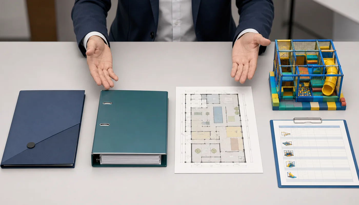 Investor comparing a franchise agreement, operating manual, site plan, and indoor playground equipment quotation