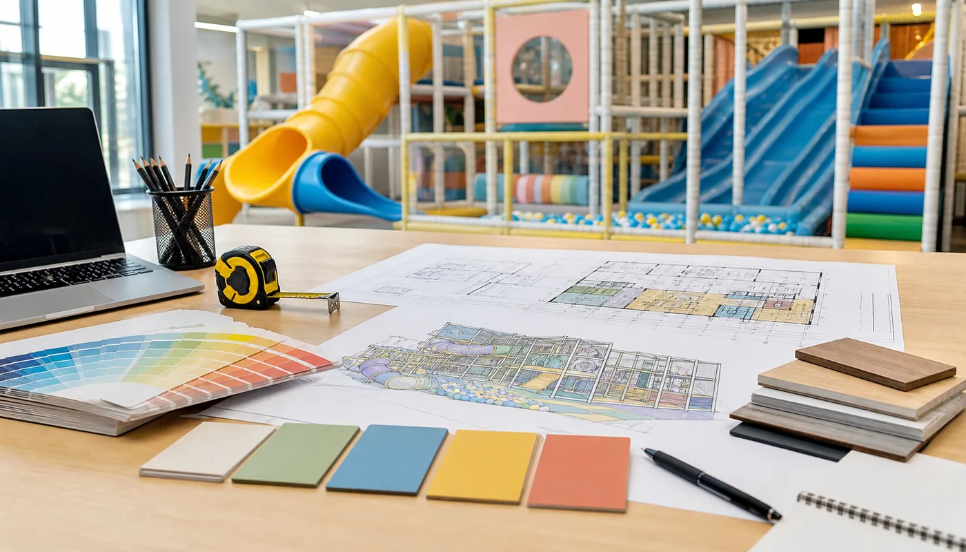 Indoor playground equipment budget planning table beside a floor plan