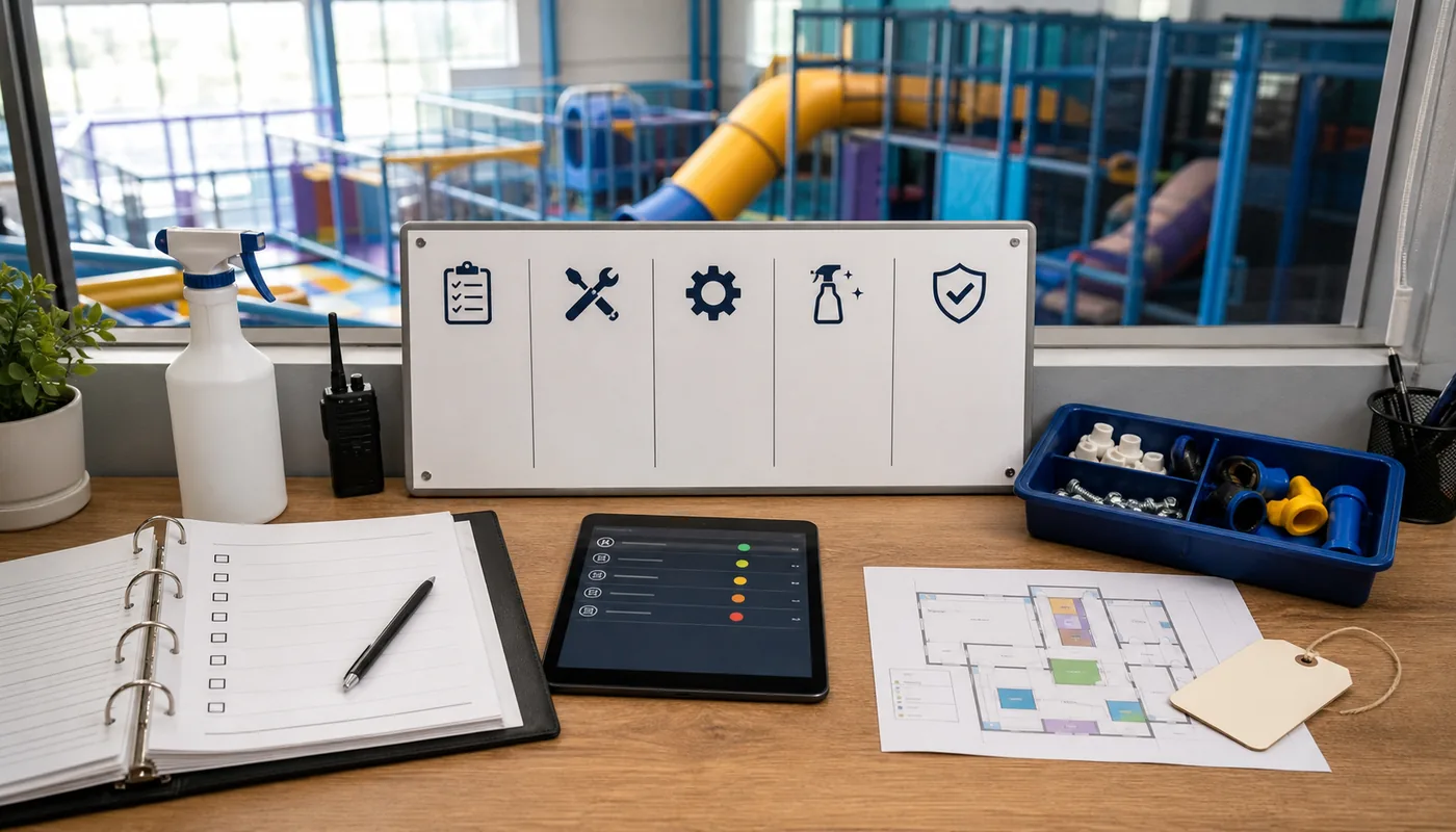 Indoor playground operator planning cleaning, inspection, repair, records, and spare parts as one maintenance system.