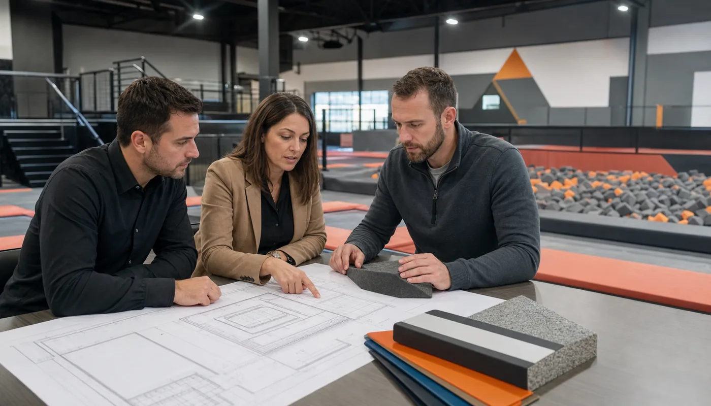 Commercial foam pit planning meeting reviewing activity, site, and responsibility inputs.