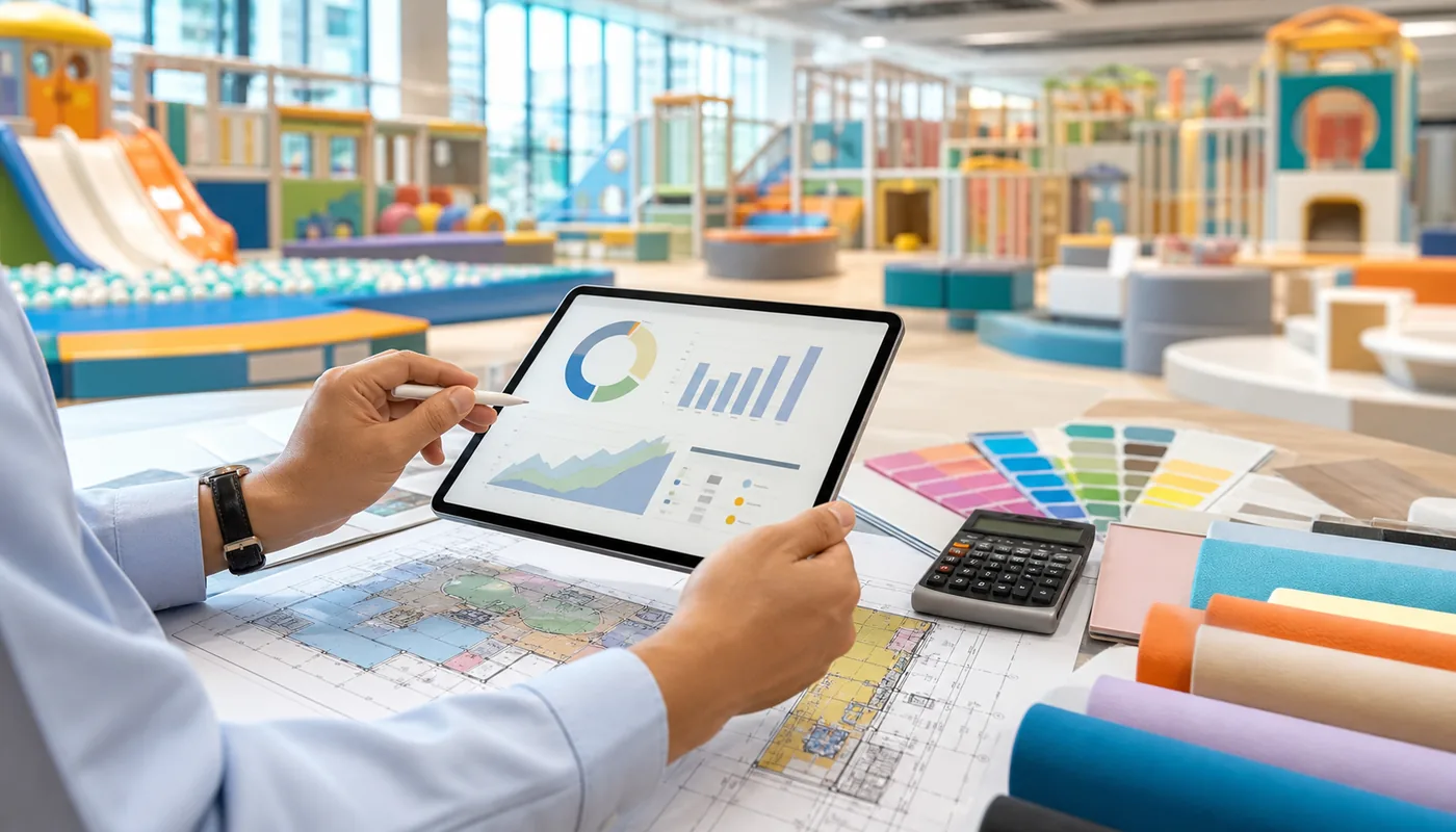 Indoor playground ROI planning with a financial worksheet, floor plan, and equipment samples.