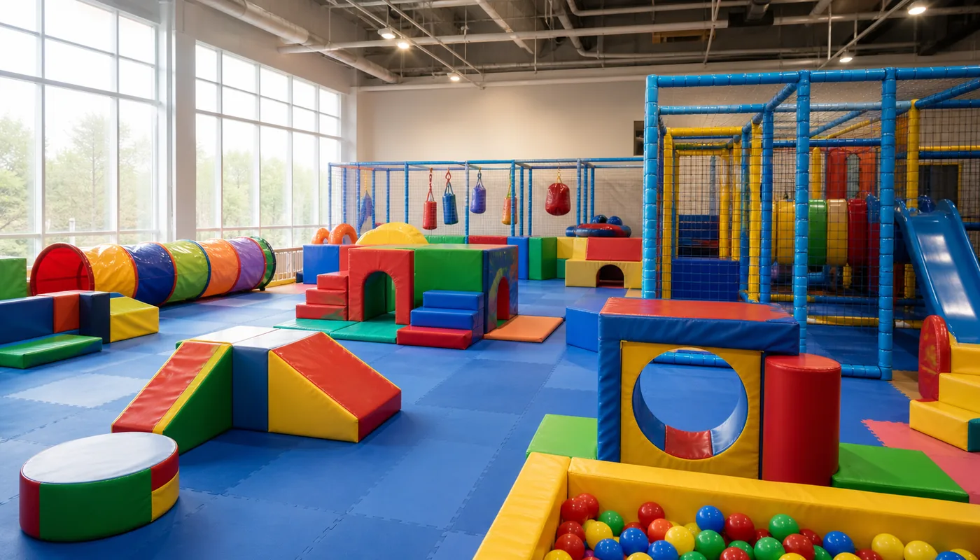 Bright indoor soft play area with padded structures and age-appropriate activity zones.