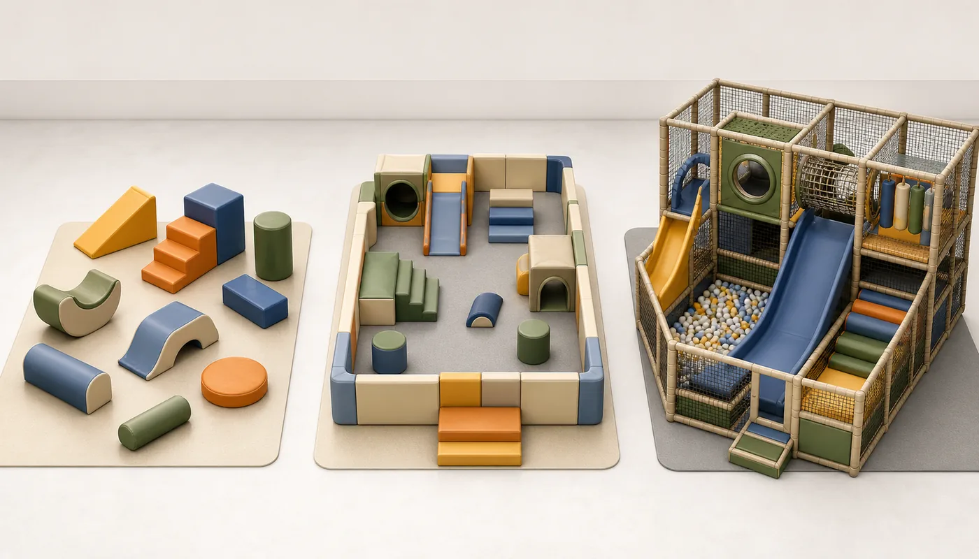 Three soft play scopes compared as standalone foam elements, a coordinated modular set, and a larger integrated play structure.
