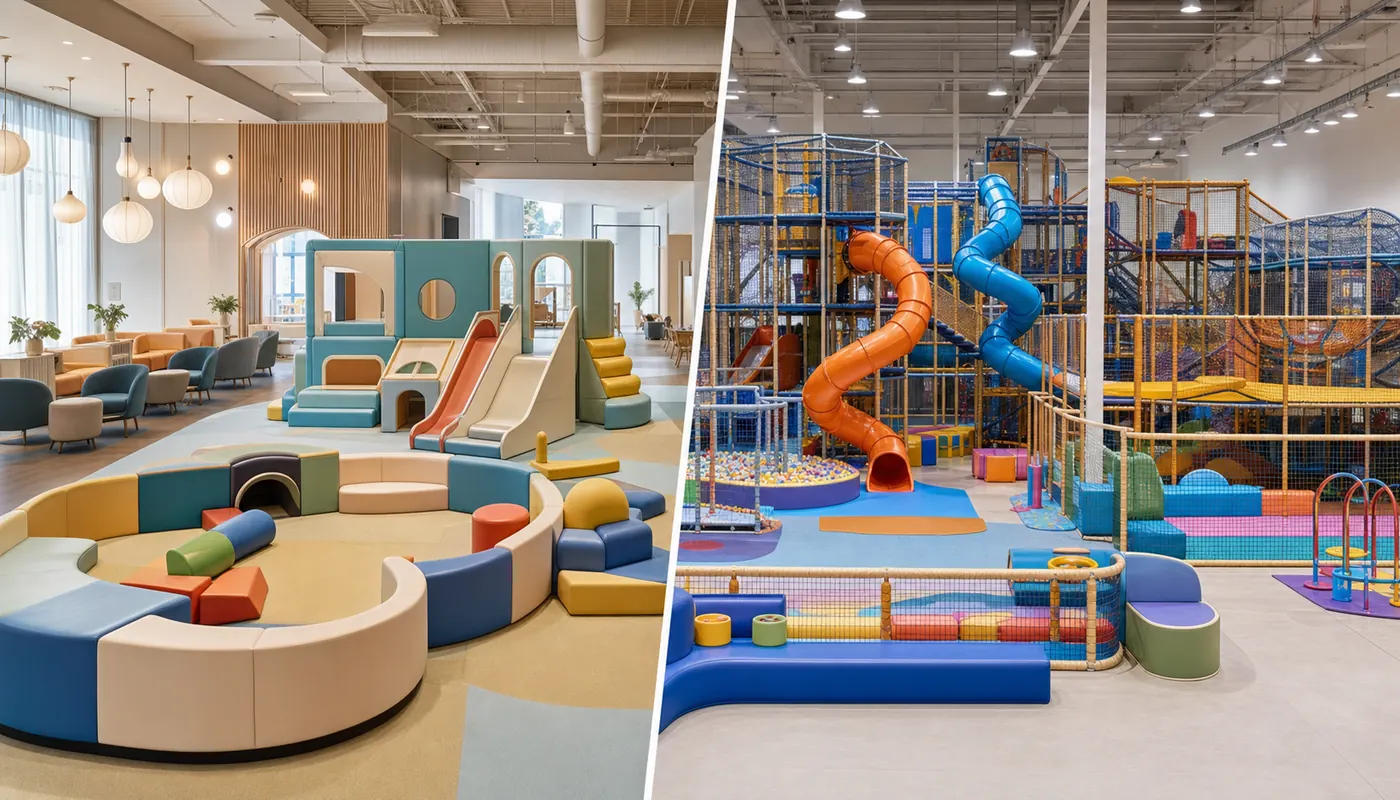 Side by side planning concept comparing a soft play centre and an indoor playground