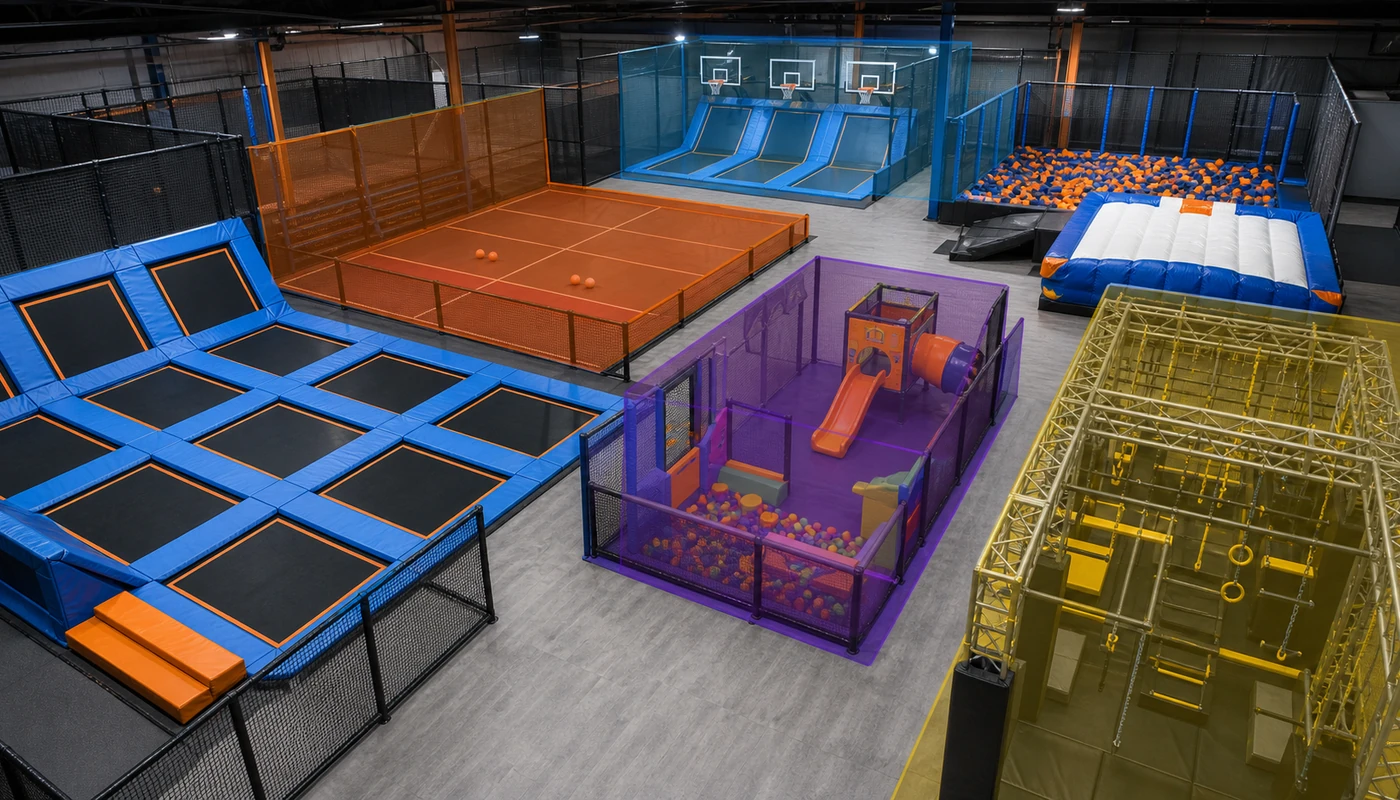 Commercial trampoline park layout showing different active play zones that affect equipment cost.