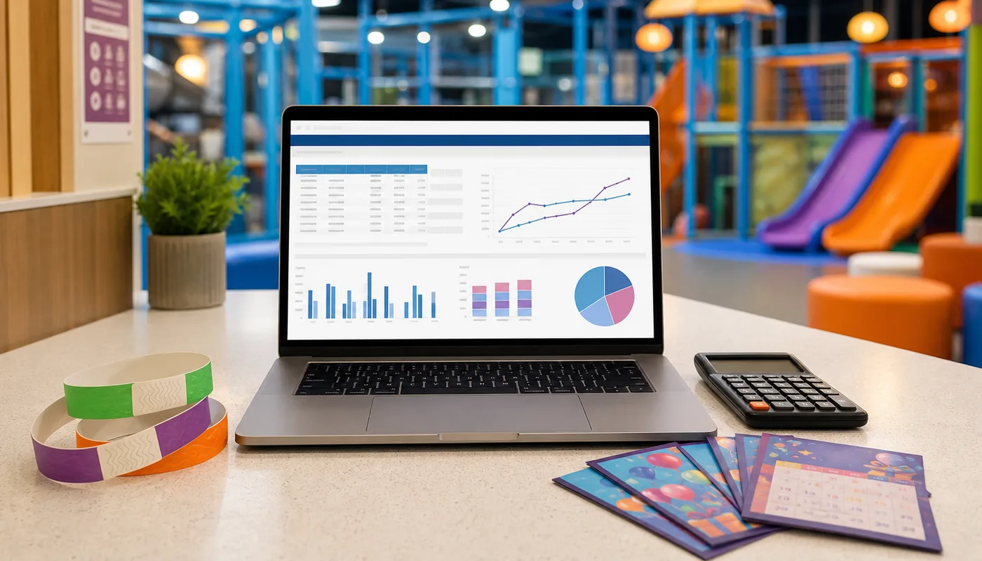 Break-even model planning for an indoor playground with an abstract dashboard and booking materials.