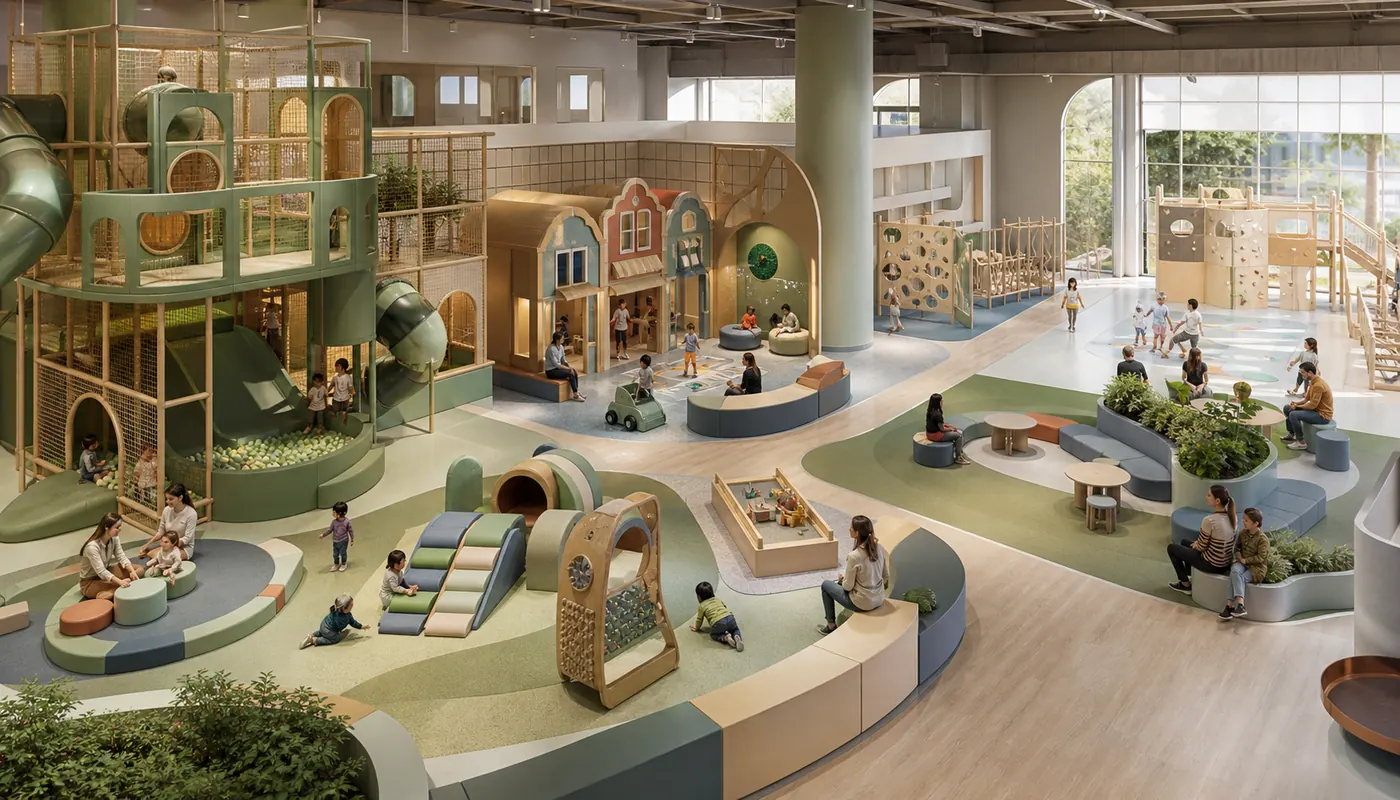 Commercial indoor playground concept with active play toddler role-play sensory and flexible activity zones.