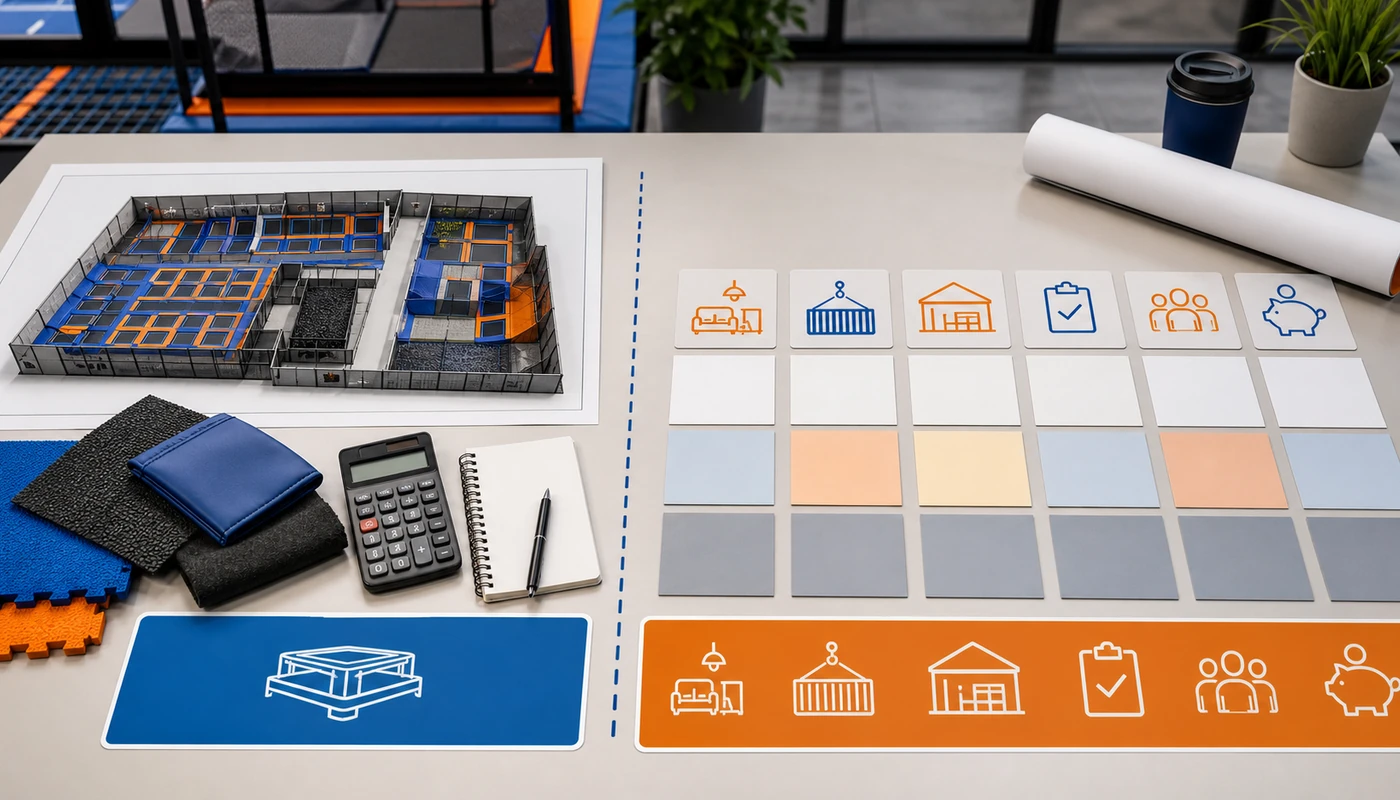 Business planning scene separating trampoline equipment cost from total startup budget.