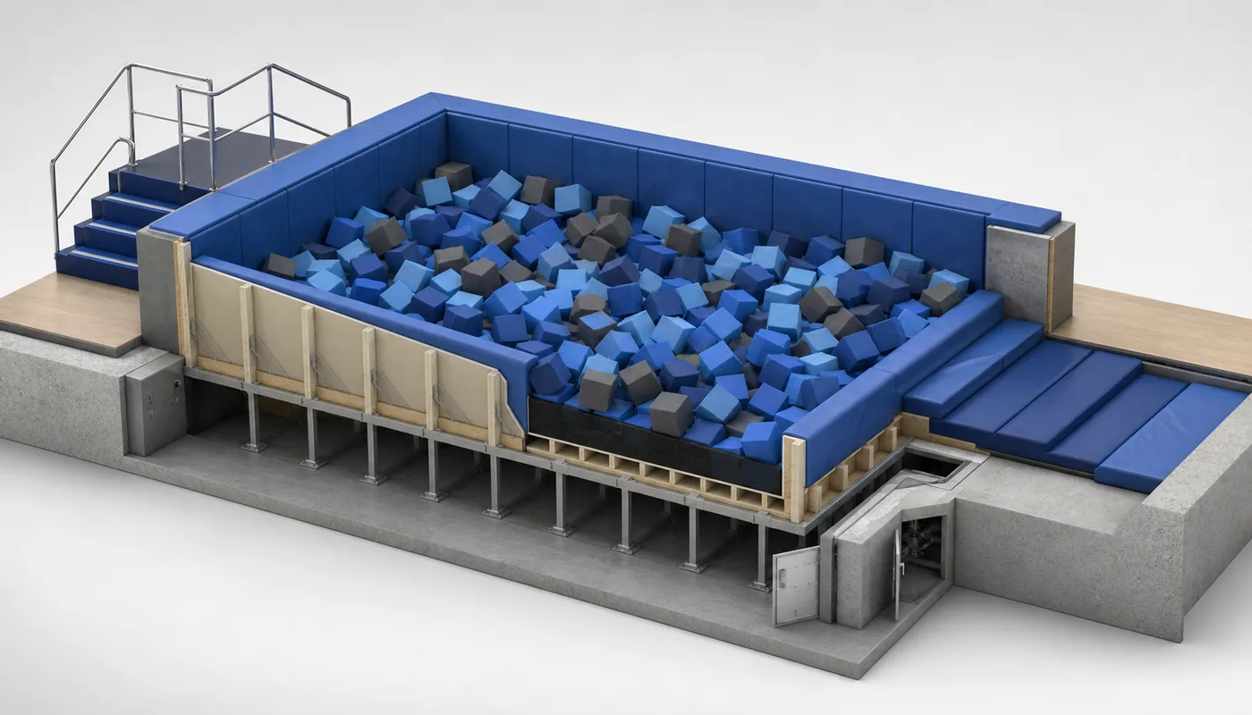 Cutaway concept of a commercial foam pit showing site, structure, protection, fill, and operating layers.
