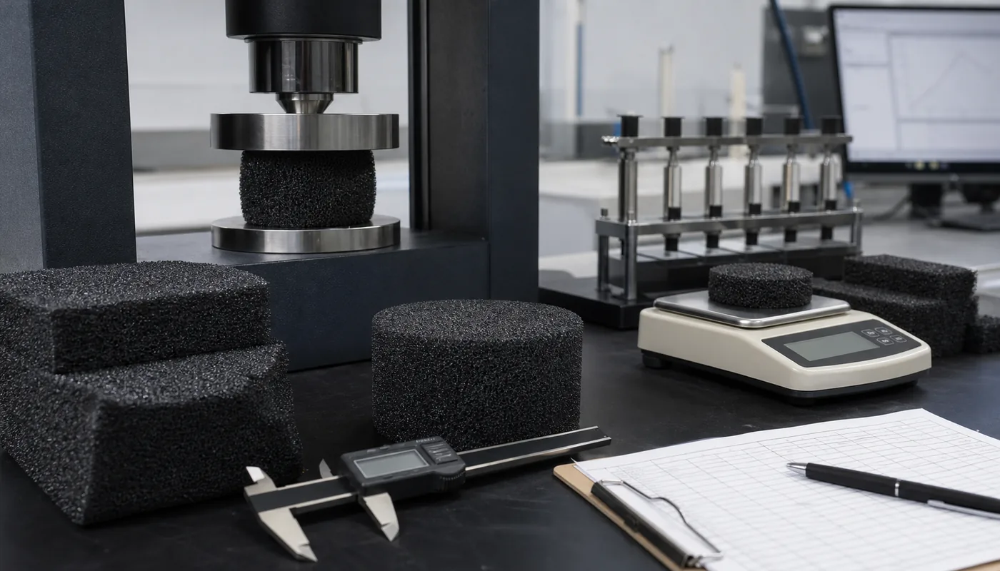 Foam samples being compared for density firmness dimensions and repeated compression