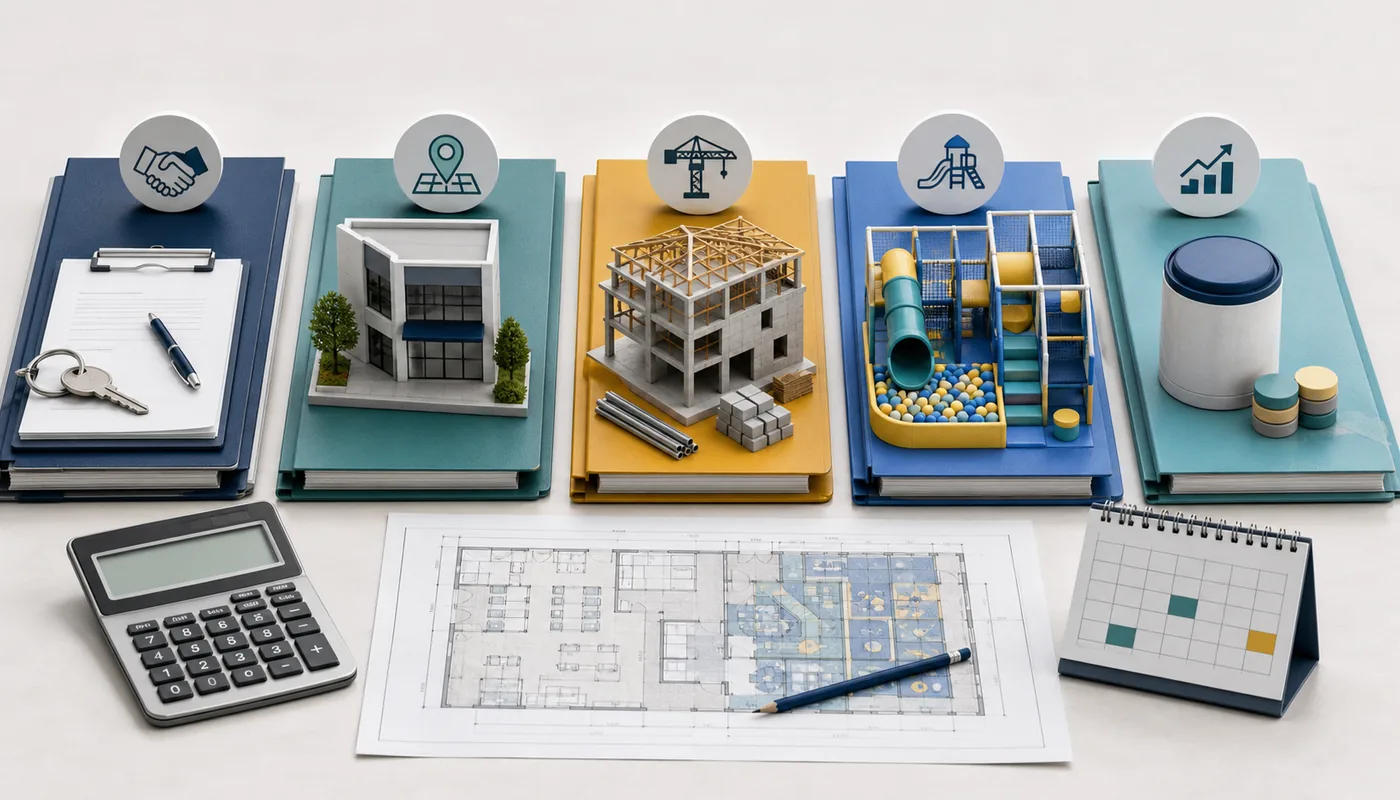Layered indoor playground franchise cost plan covering fees, site, build-out, equipment, pre-opening costs, and working capital
