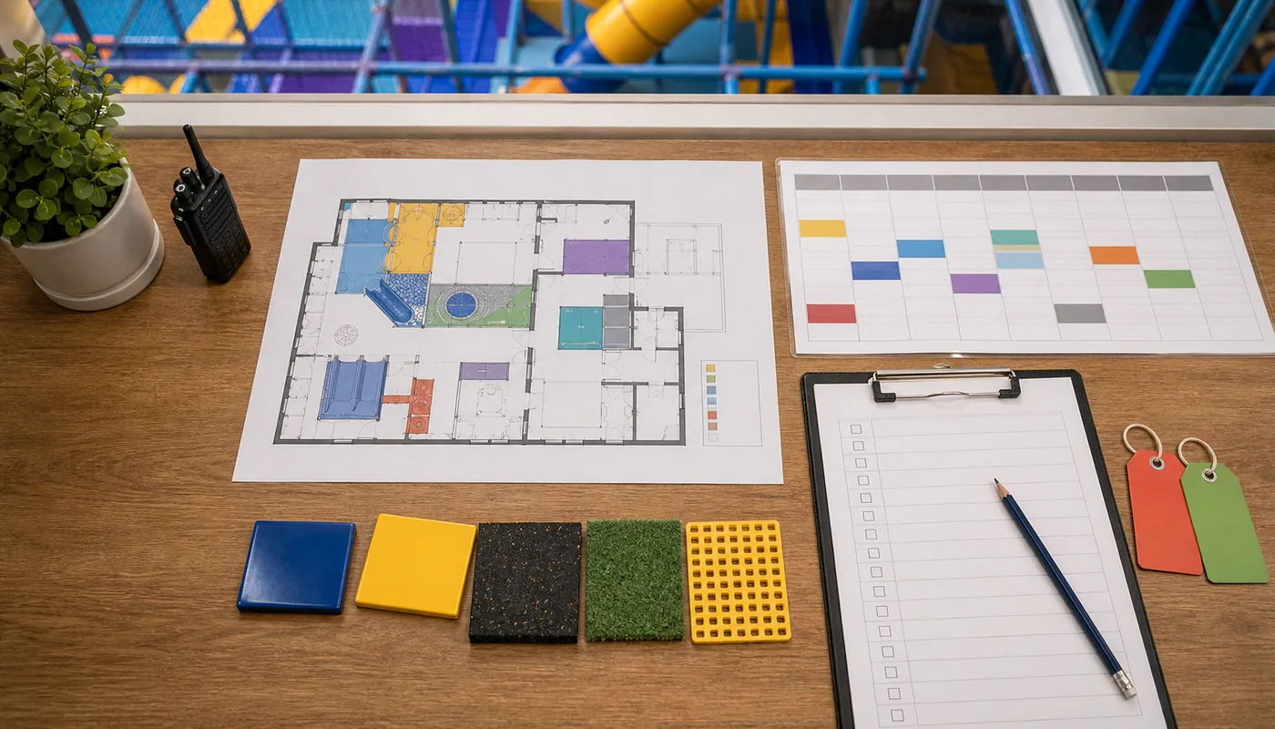 Daily weekly and monthly indoor playground maintenance checklist beside a commercial soft play floor plan.