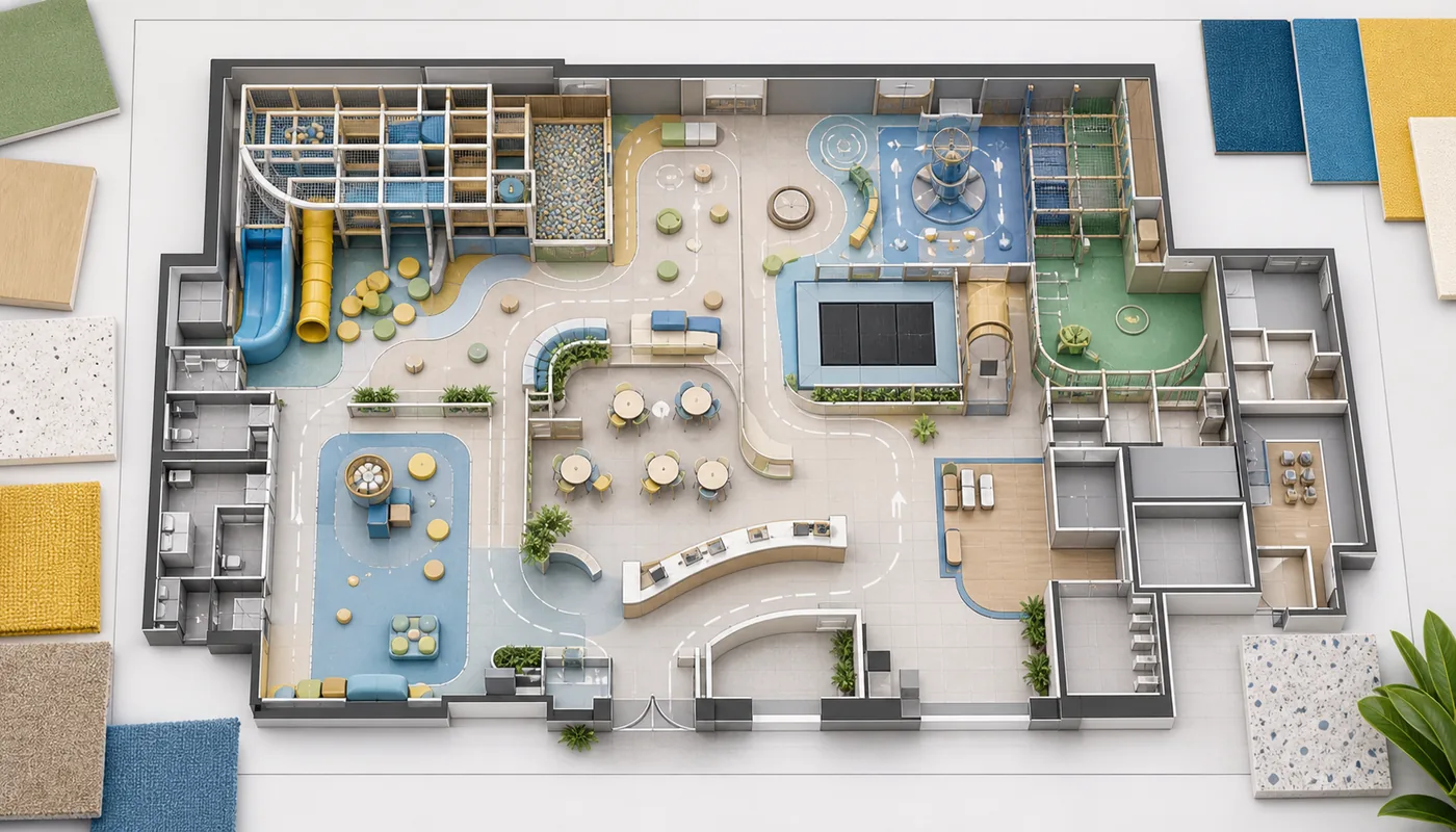 Top-down indoor playground layout showing play zones, circulation, seating, reception, and support areas