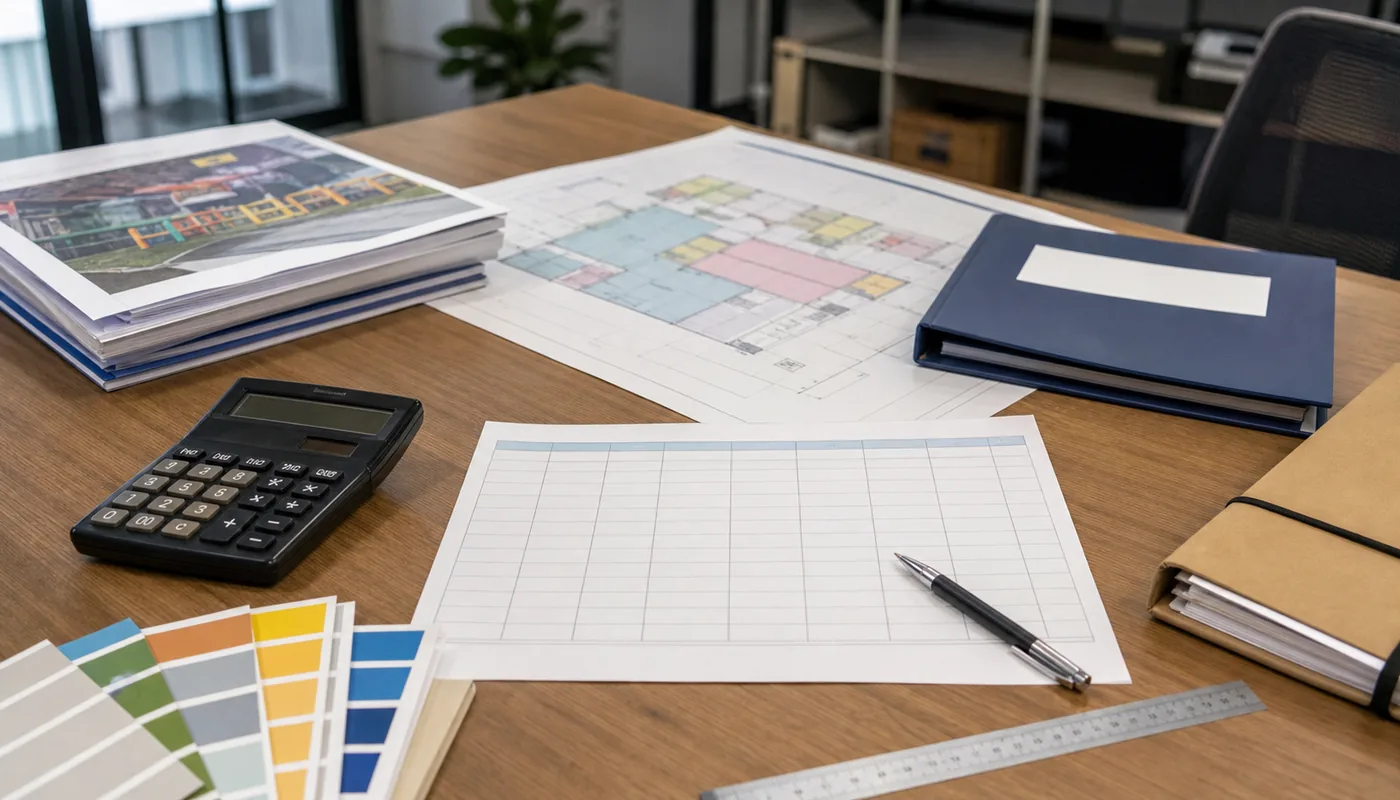 Indoor playground startup budget workspace with calculator, floor plan, and equipment quotation documents.