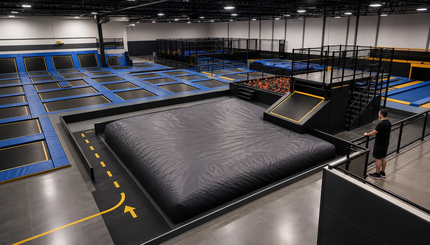 Indoor trampoline park layout with an airbag landing attraction and clear exit path.