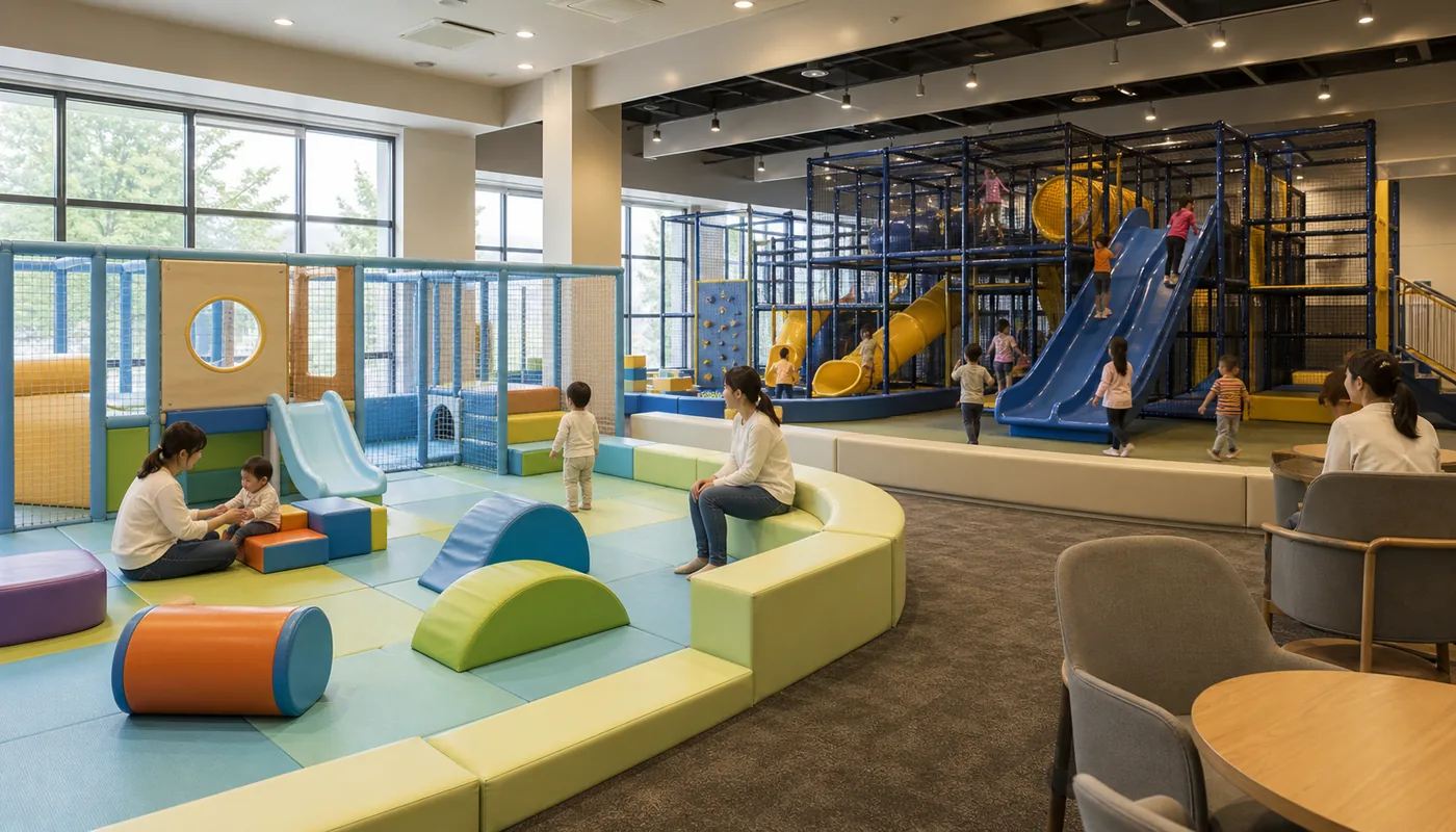 Indoor play layout divided into toddler and mixed age activity zones