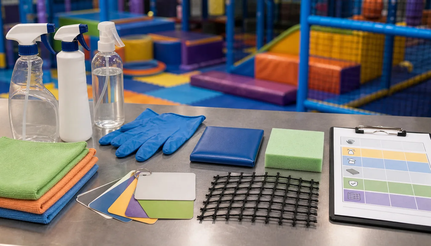 Indoor playground cleaning supplies and soft play material samples arranged with product label directions for safe maintenance planning.