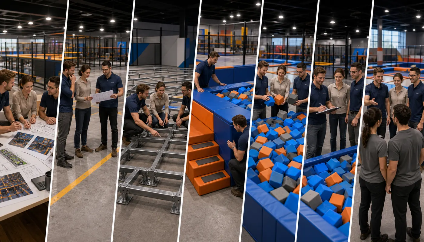 Seven-step commercial foam pit workflow from project brief through operational handover.