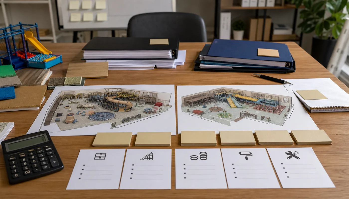 Indoor playground funding plan workspace with scaled venue options and finance documents.