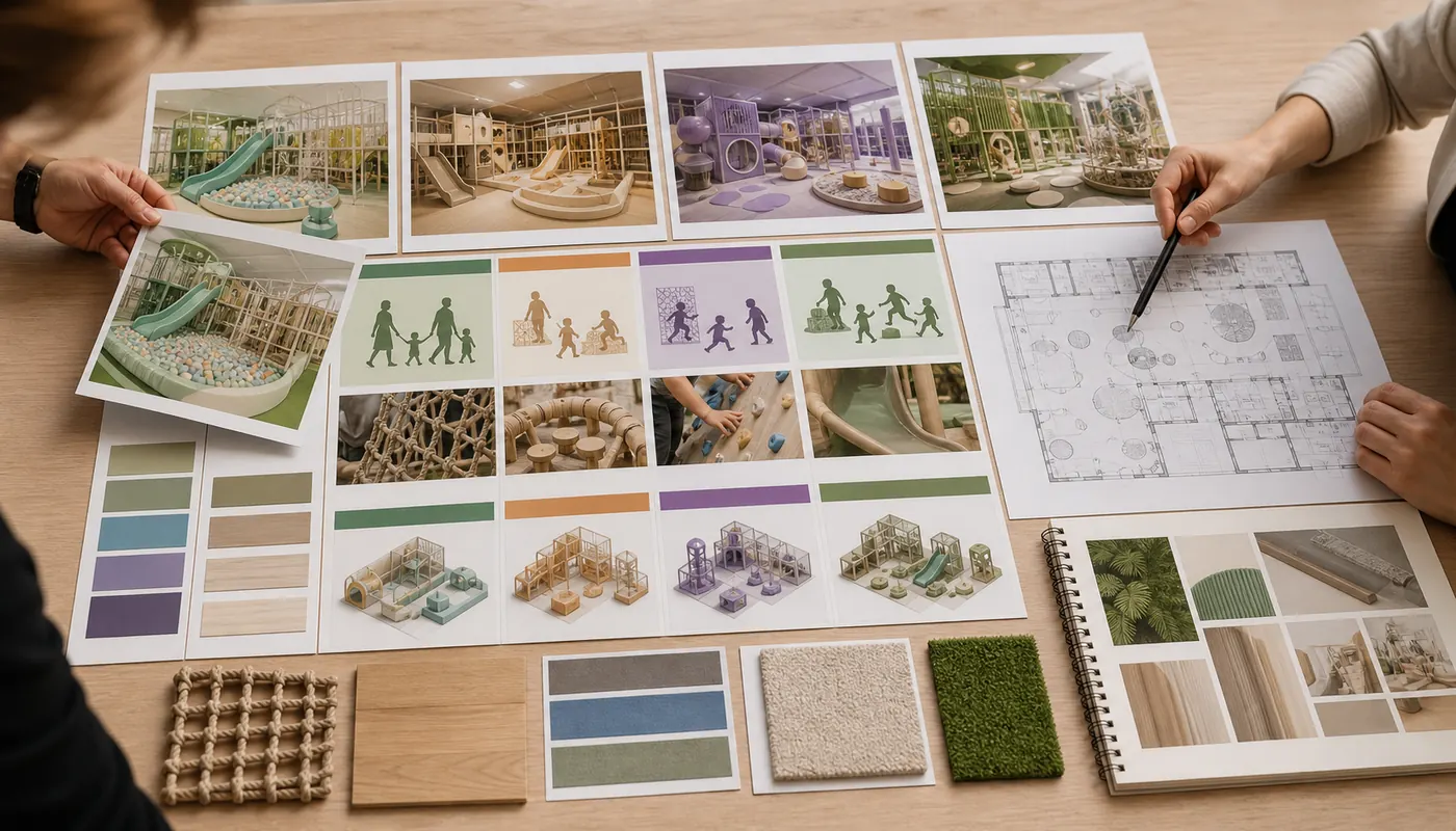 Designer and venue operator comparing indoor playground concept cards with users activities operations and equipment questions.