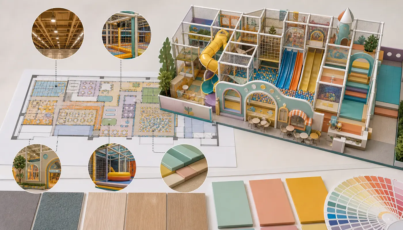 Indoor playground floor plan with highlighted cost drivers such as height play mix and theme