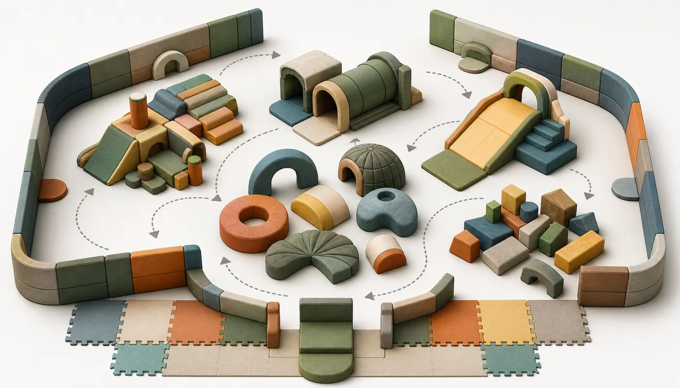 Modular soft play zone combining climbing, crawling, sliding, imaginative, open-play, and boundary elements around clear circulation.