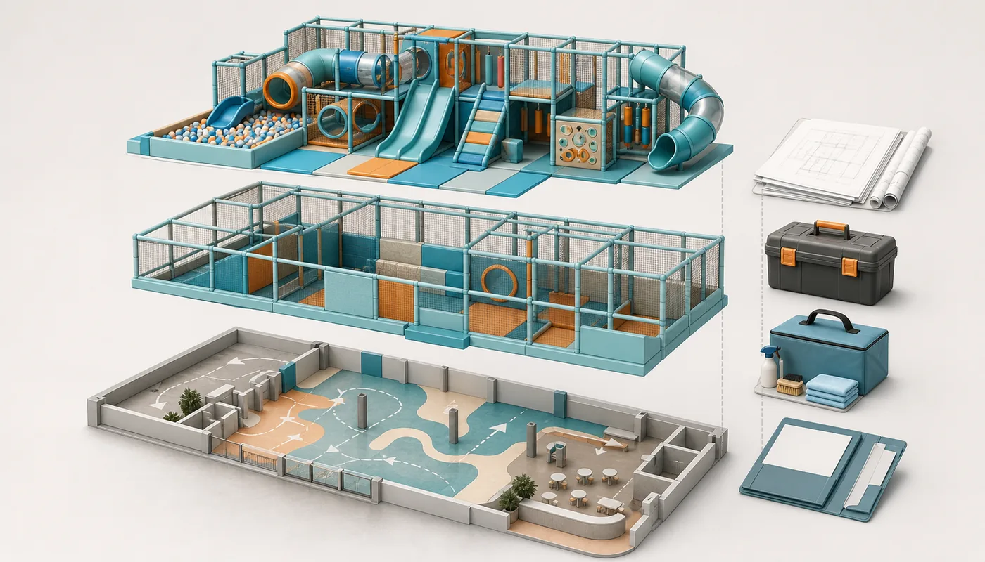 Four-layer commercial naughty castle system showing play modules containment venue integration and project support.