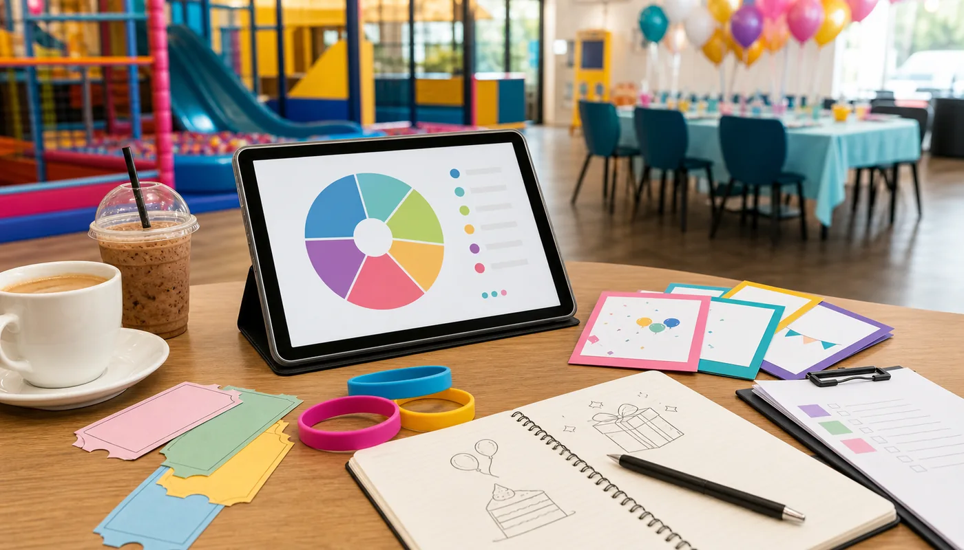 Indoor playground revenue stream planning with tickets, membership cards, party materials, and an abstract chart.
