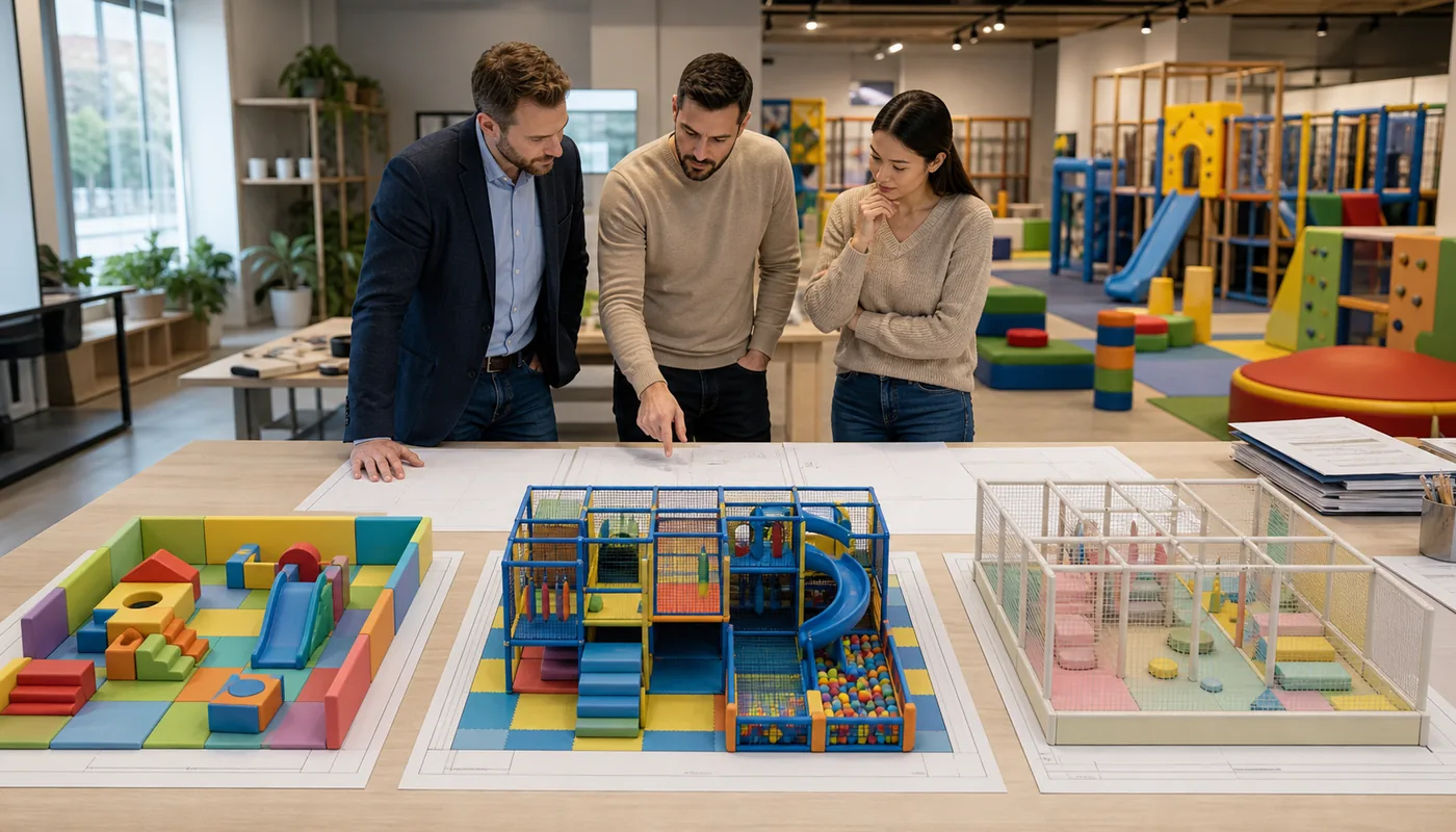 Terminology map comparing soft play, indoor playground, and soft-contained play equipment.