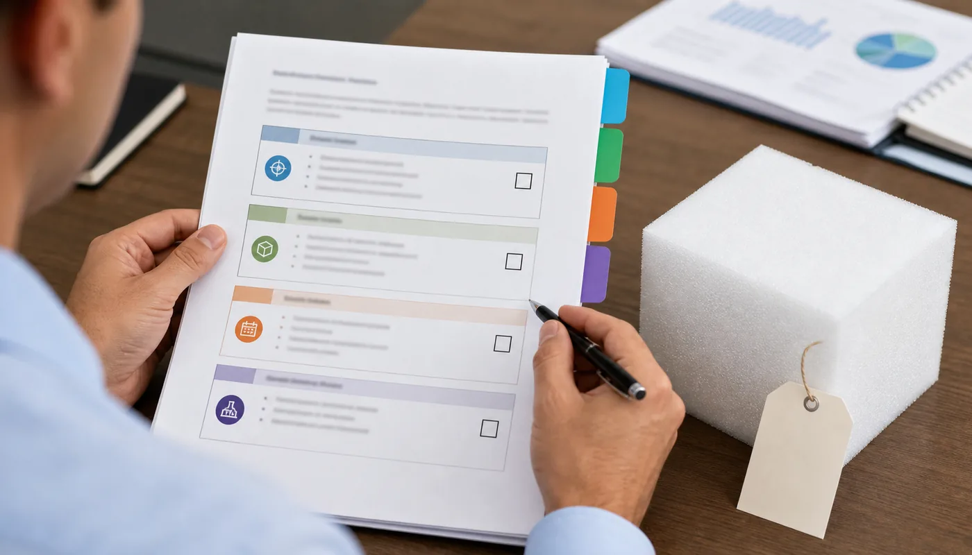 Buyer reviewing a foam test report certificate scope product identifier and issue date