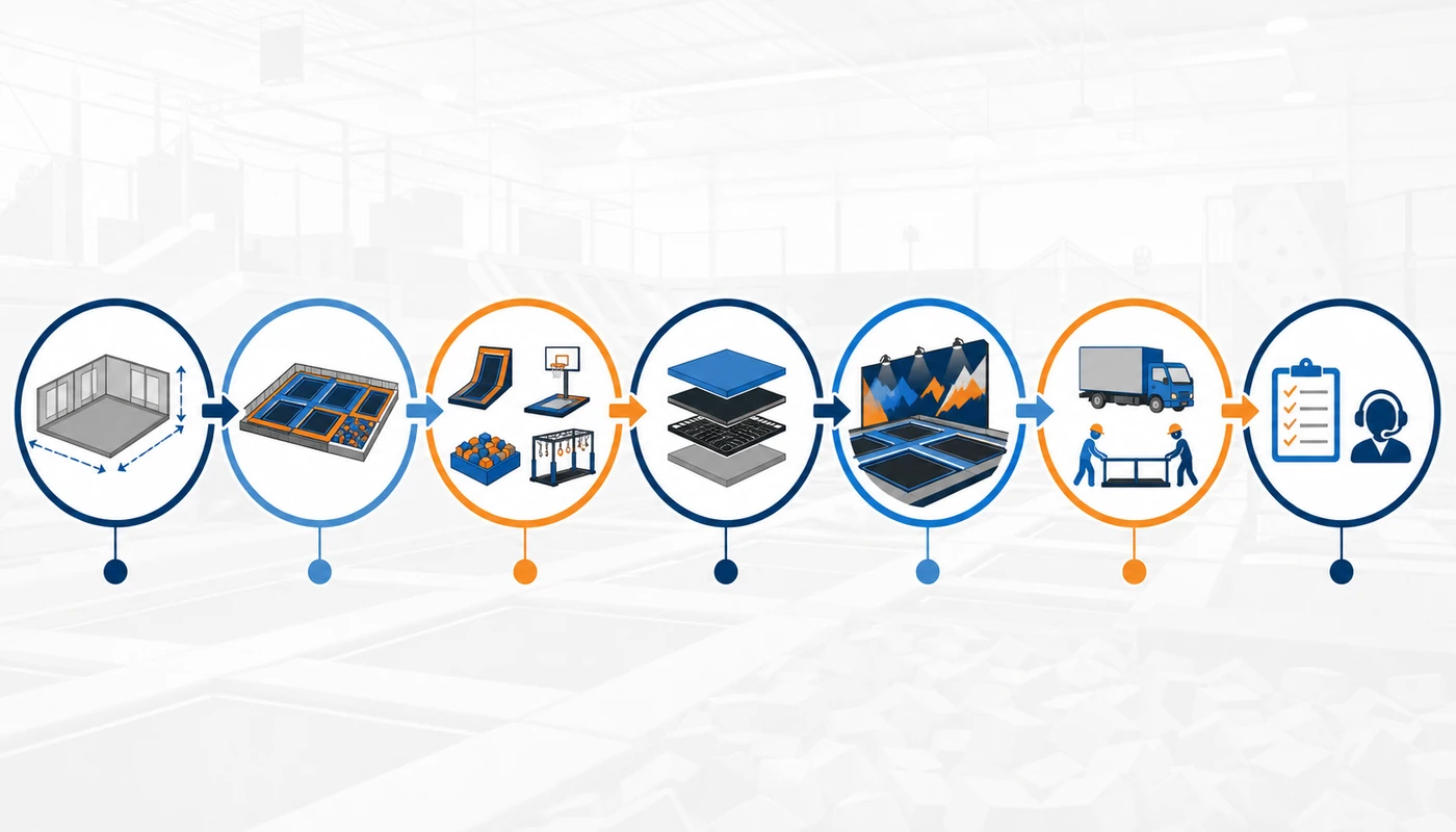 Seven-step planning framework for estimating trampoline park equipment pricing.
