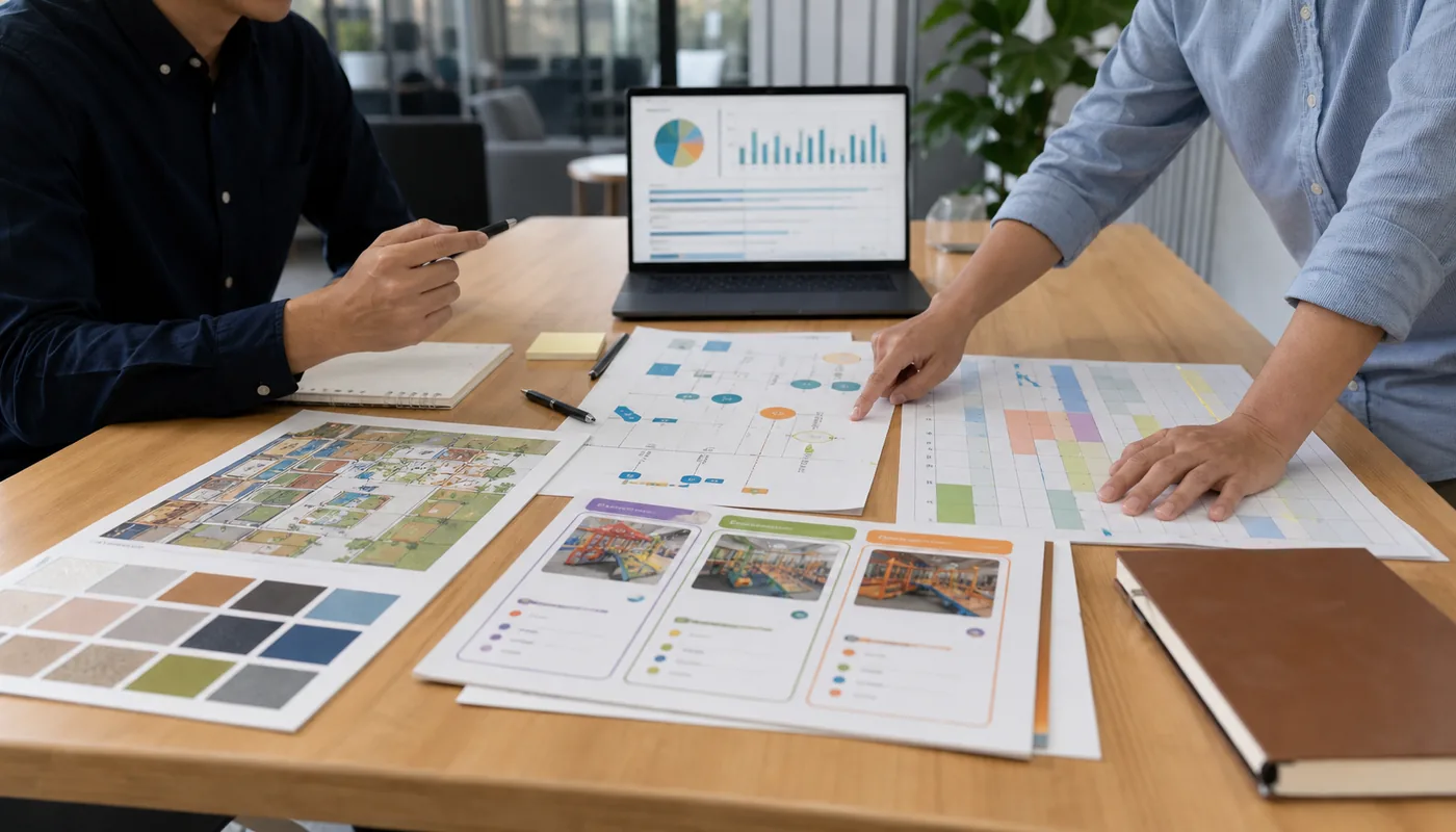 Indoor playground business plan review scene with capacity, staffing, and booking assumptions.
