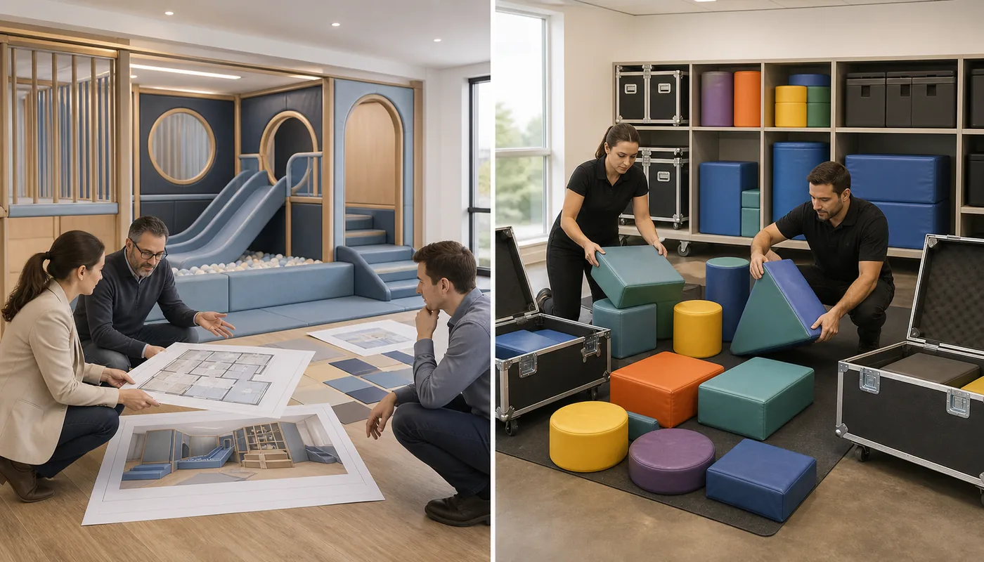 Permanent commercial soft play project planning compared with portable loose soft play pieces prepared for storage or transport.
